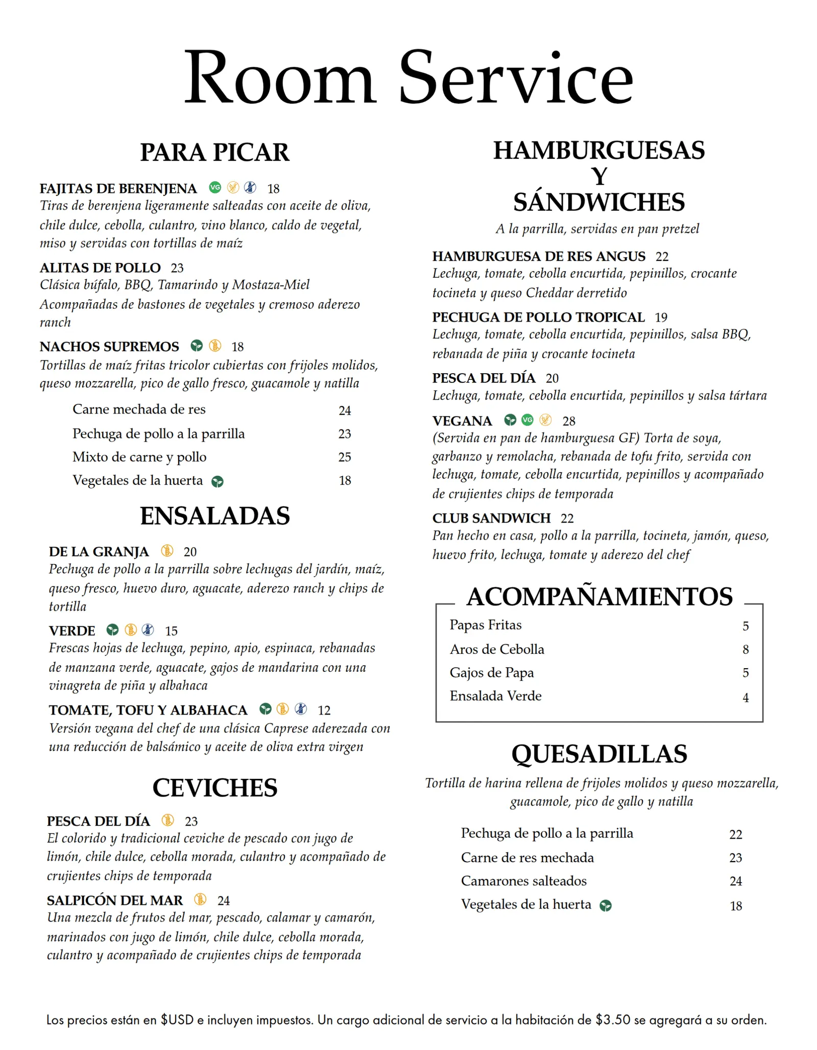 Menú de Servicio a la Habitación en español, página 1
