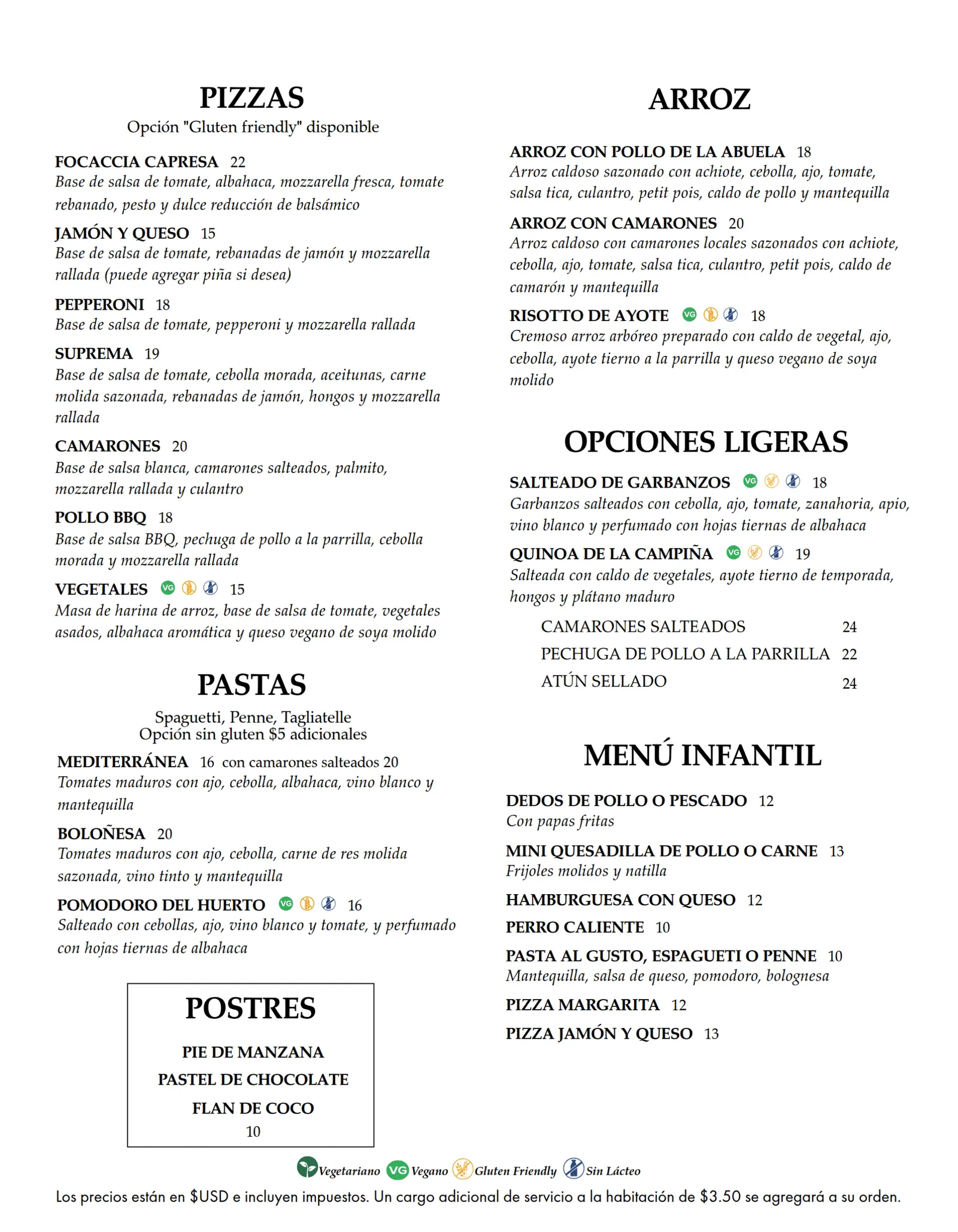 Menú de Servicio a la Habitación en español, página 2