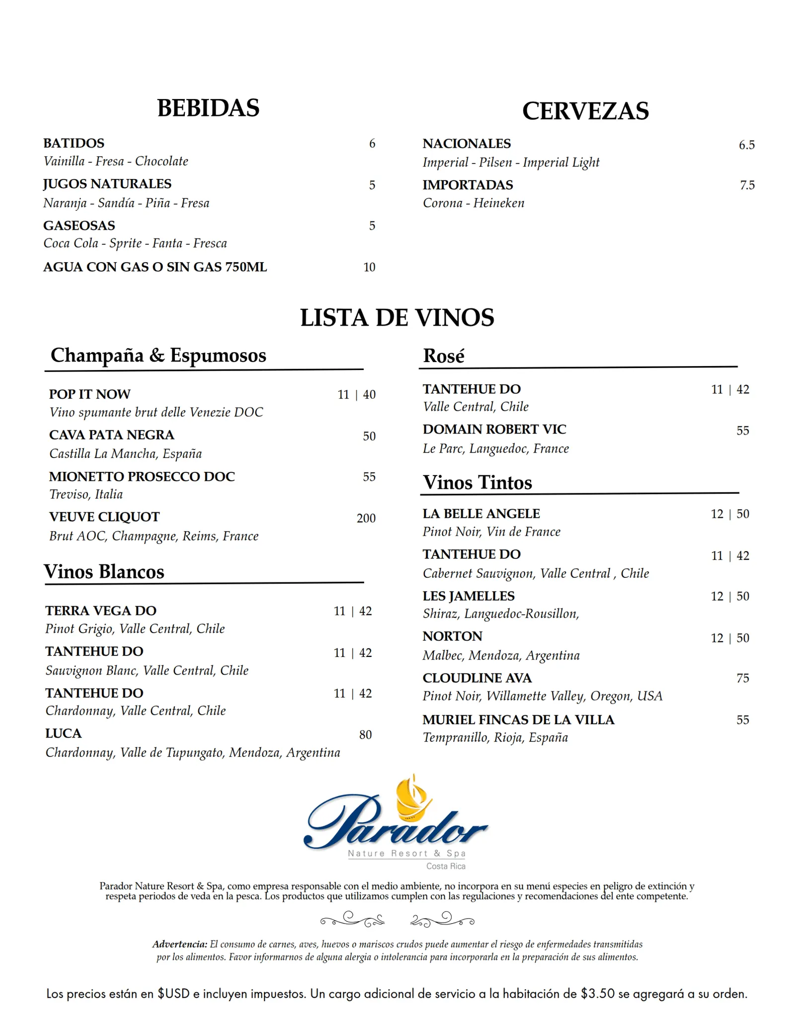 Menú de Servicio a la Habitación en español, página 3