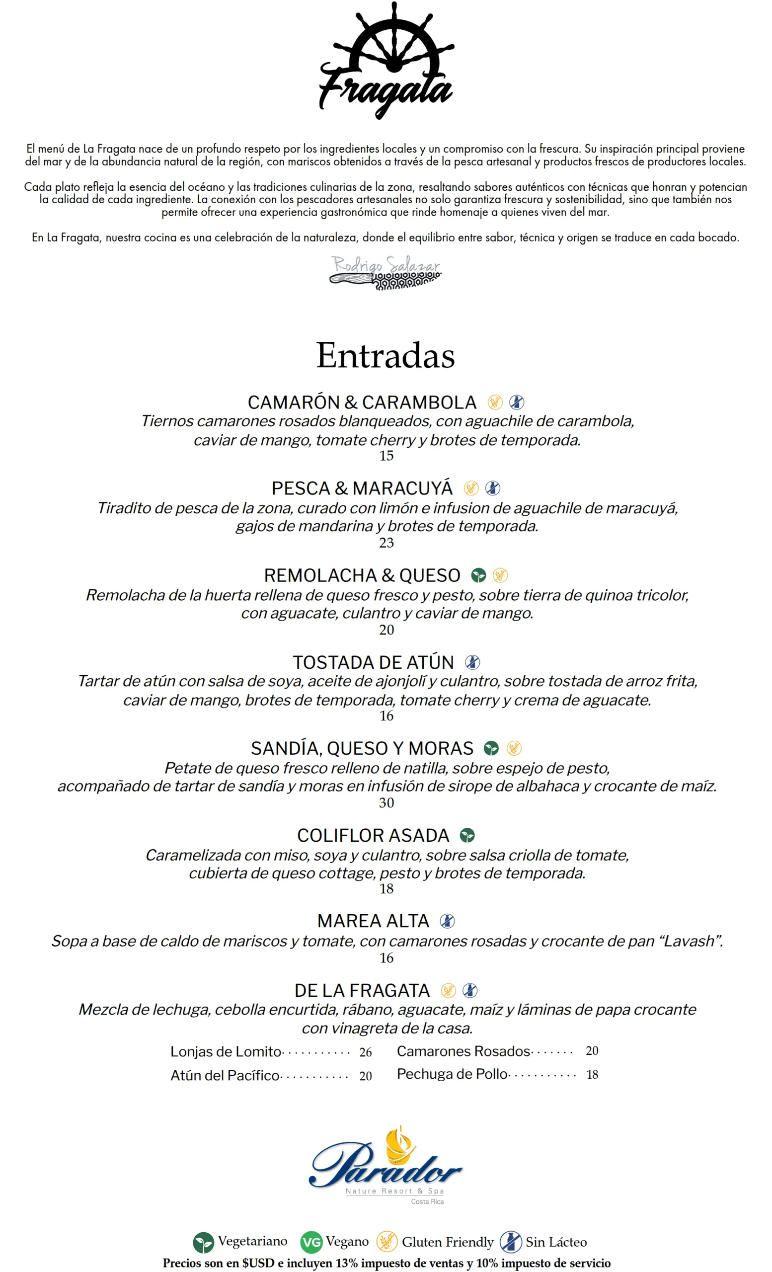 Menú de cena de La Fragata en español, página 1