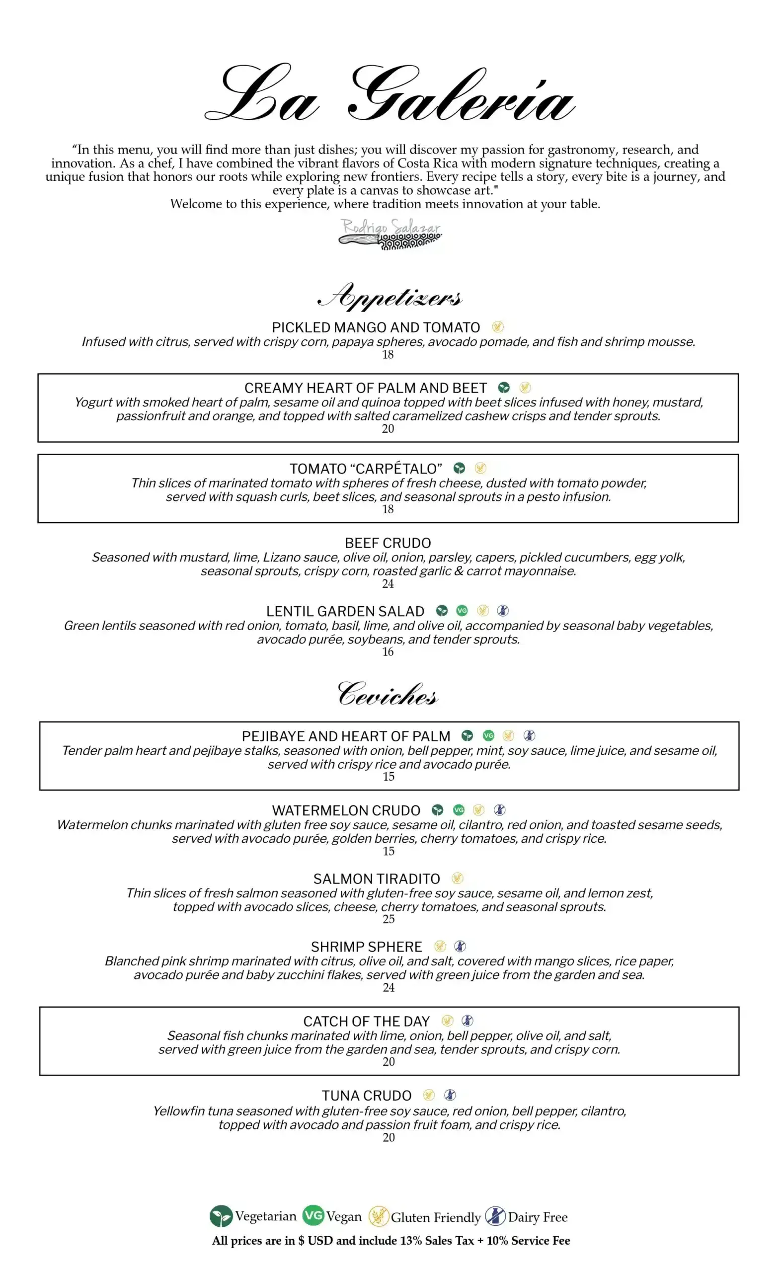La Galería Dinner Menu English Page 1