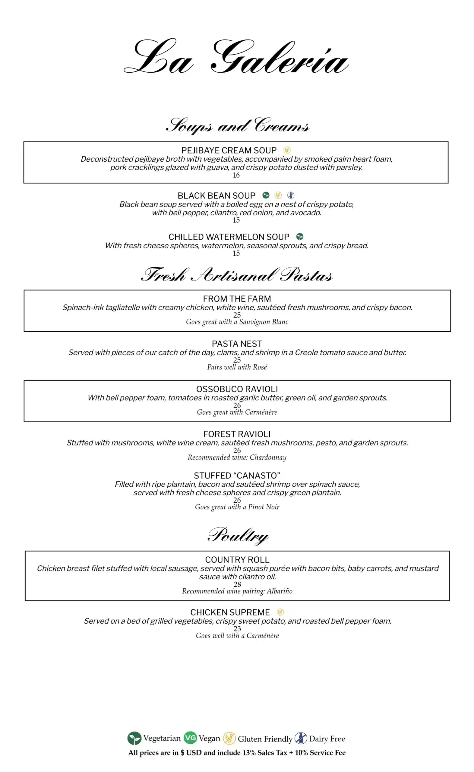 La Galería dinner menu in English, page 2
