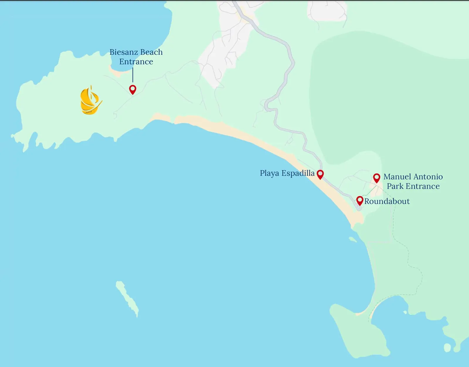 Map of the Parador shuttle stops: Playa Espadilla, the roundabout and the Manuel Antonio National Park entrance, with the Biesanz Beach entrance near the resort