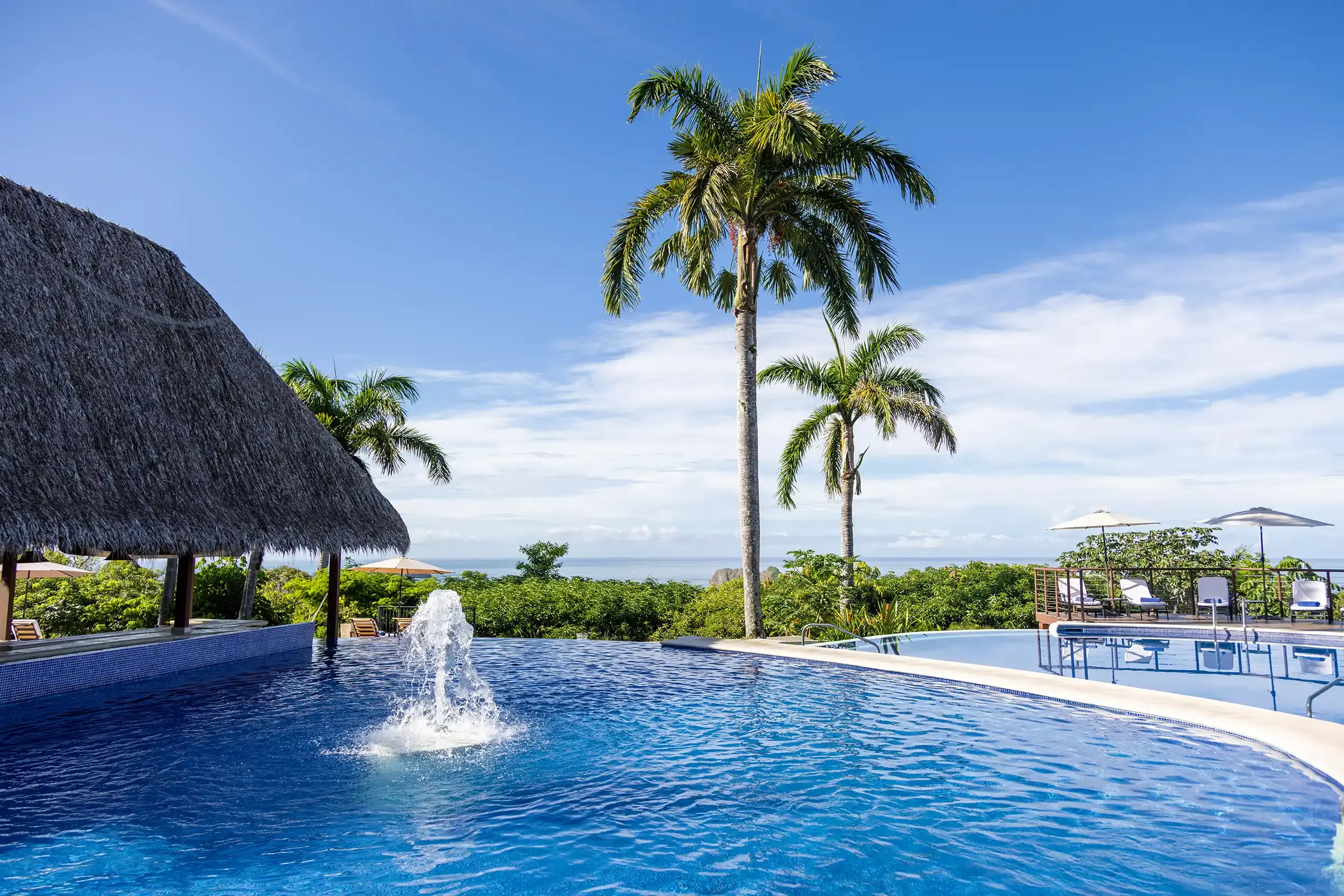 Infinity pool with a fountain and thatched-roof swim-up bar