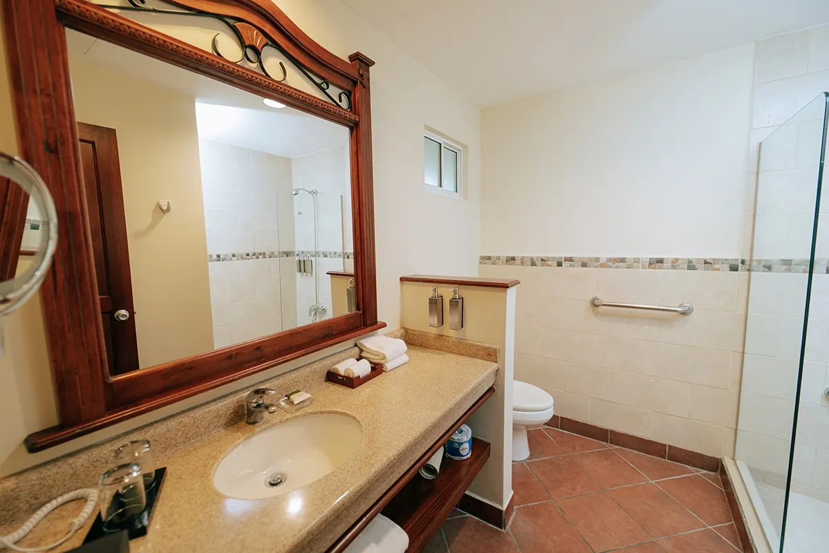 Tropical Room bathroom with a long mirror over a tiled vanity
