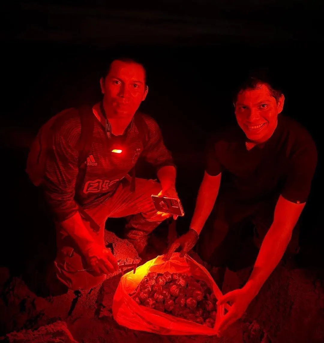 Two team members at night under red light, holding a mesh bag of eggs