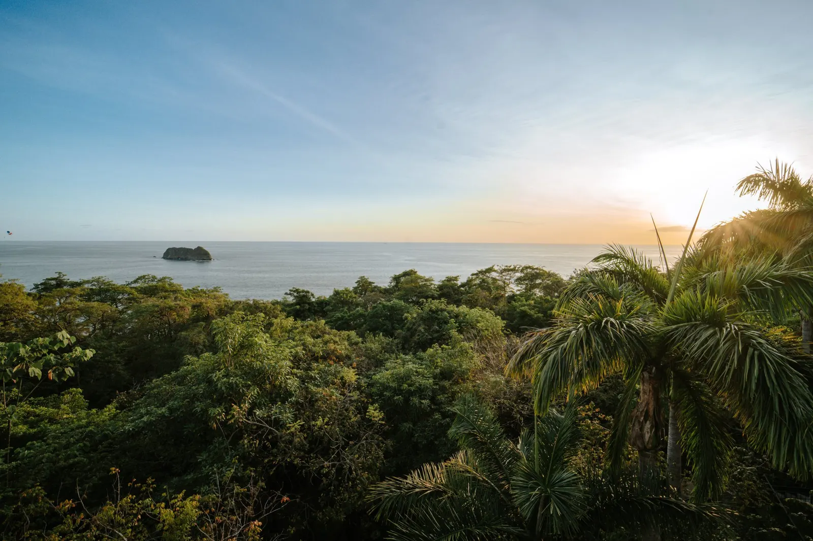 El océano y un islote rocoso vistos sobre el dosel de la selva al atardecer