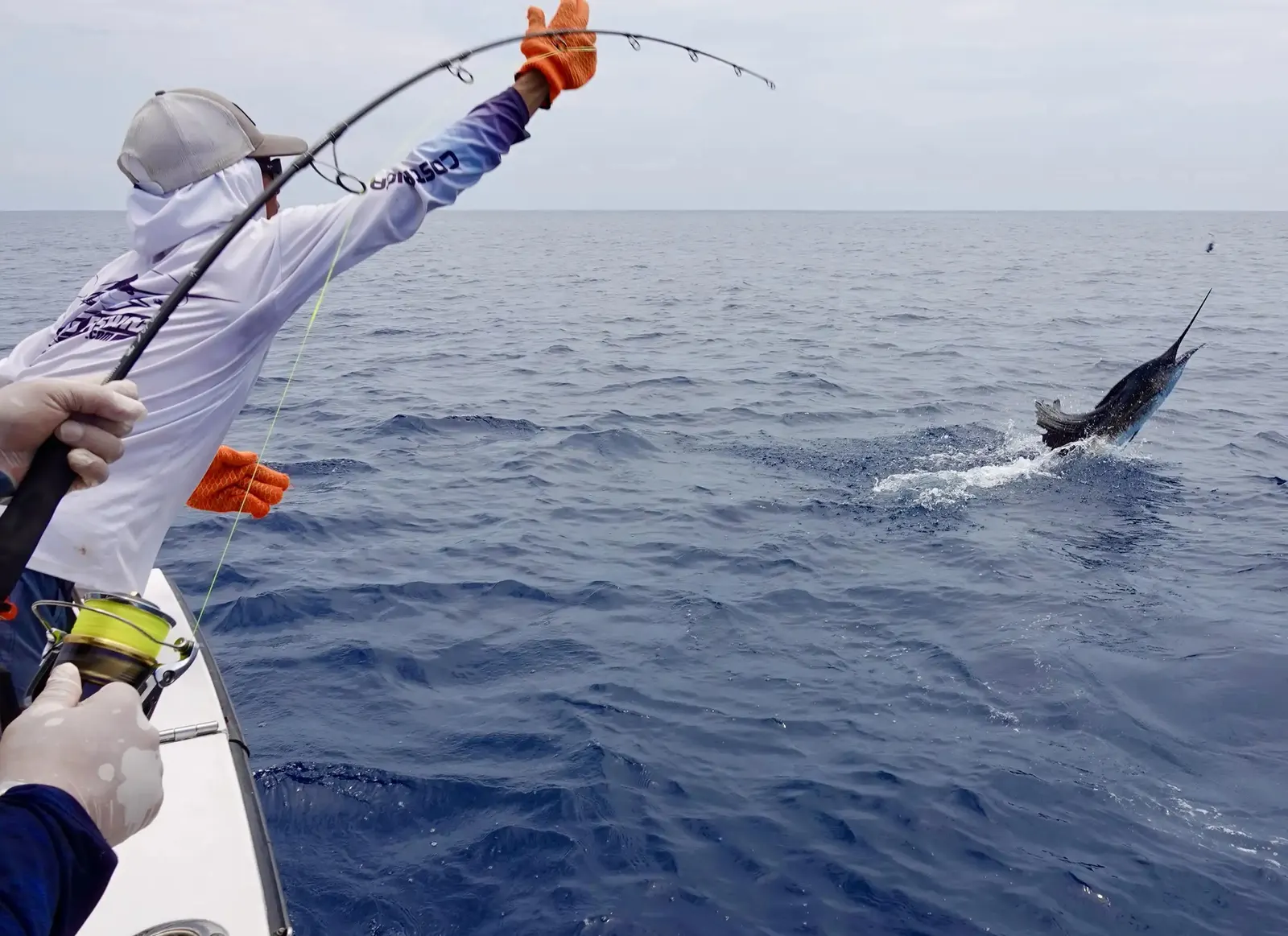 An angler in orange gloves reaches for the leader as a billfish jumps clear of the water off the side of the boat