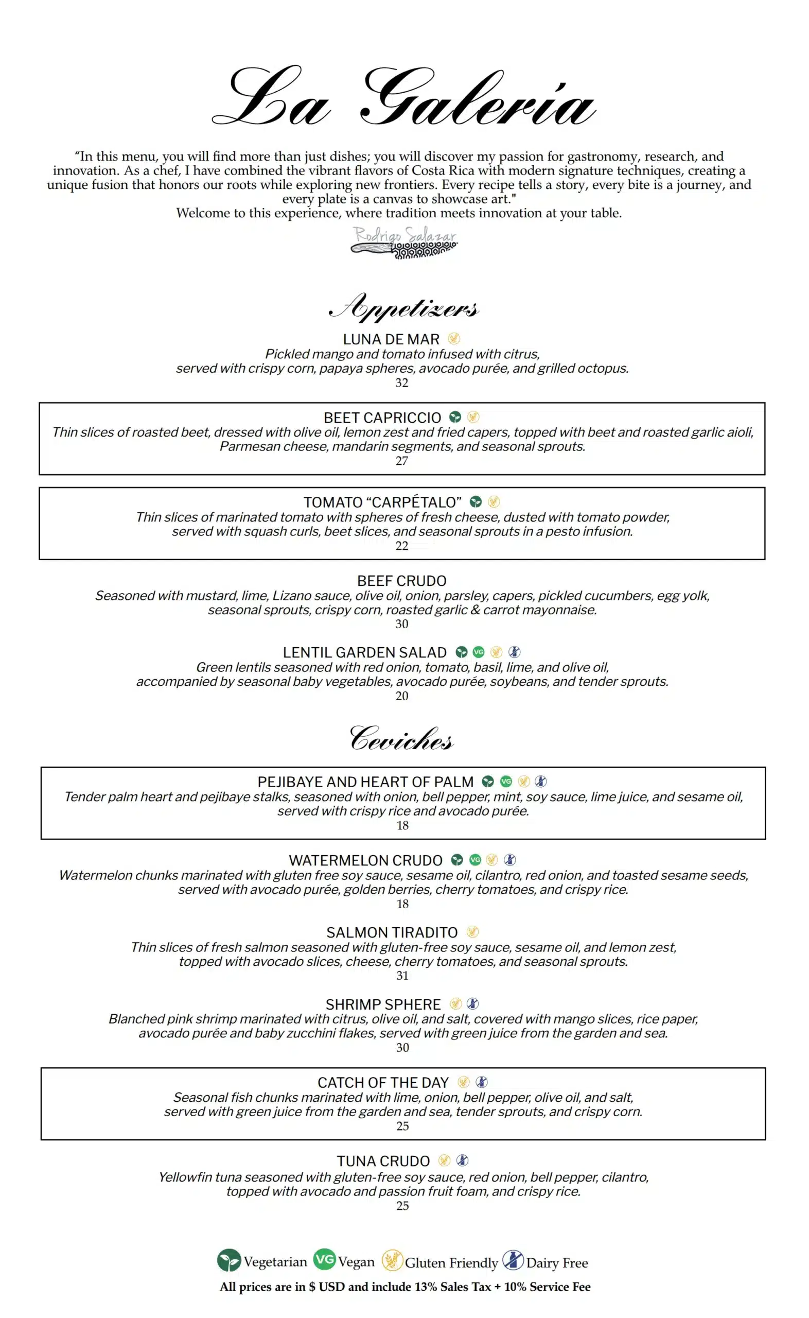 La Galería Dinner Menu pg 1