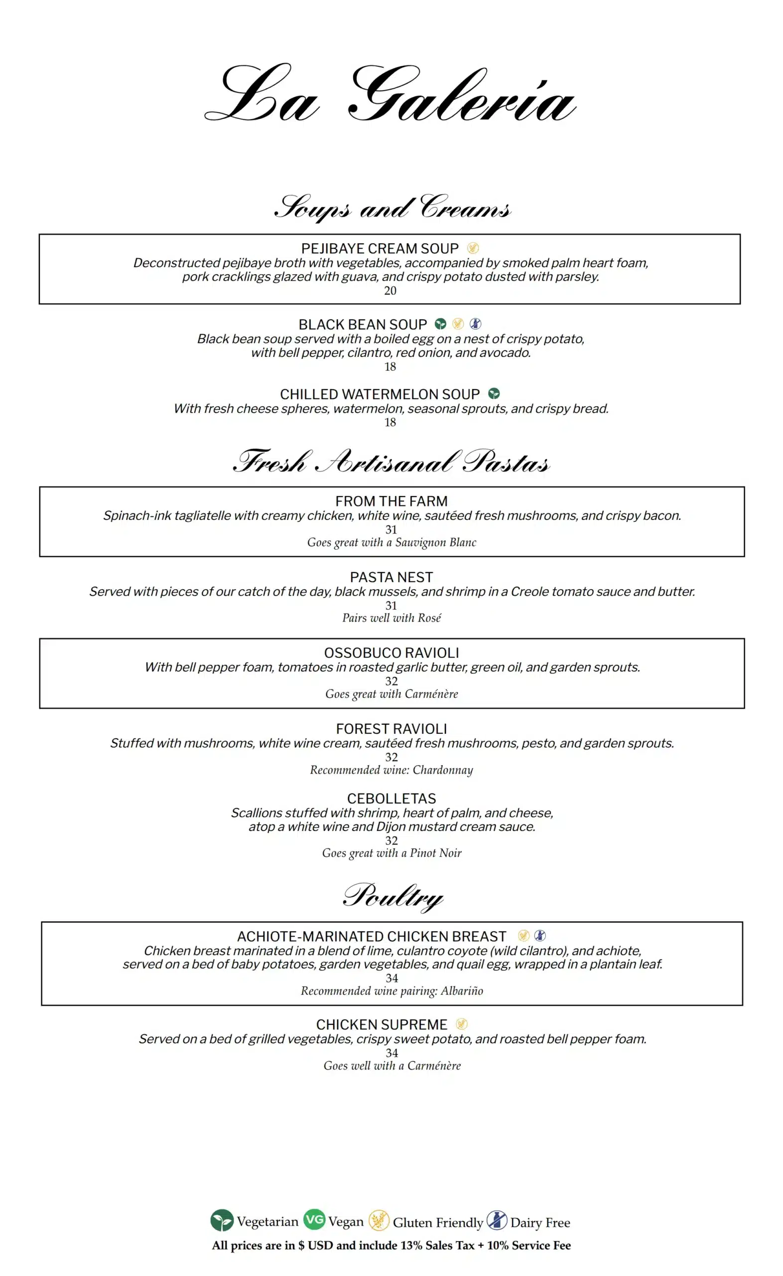 La Galería Dinner Menu pg 2