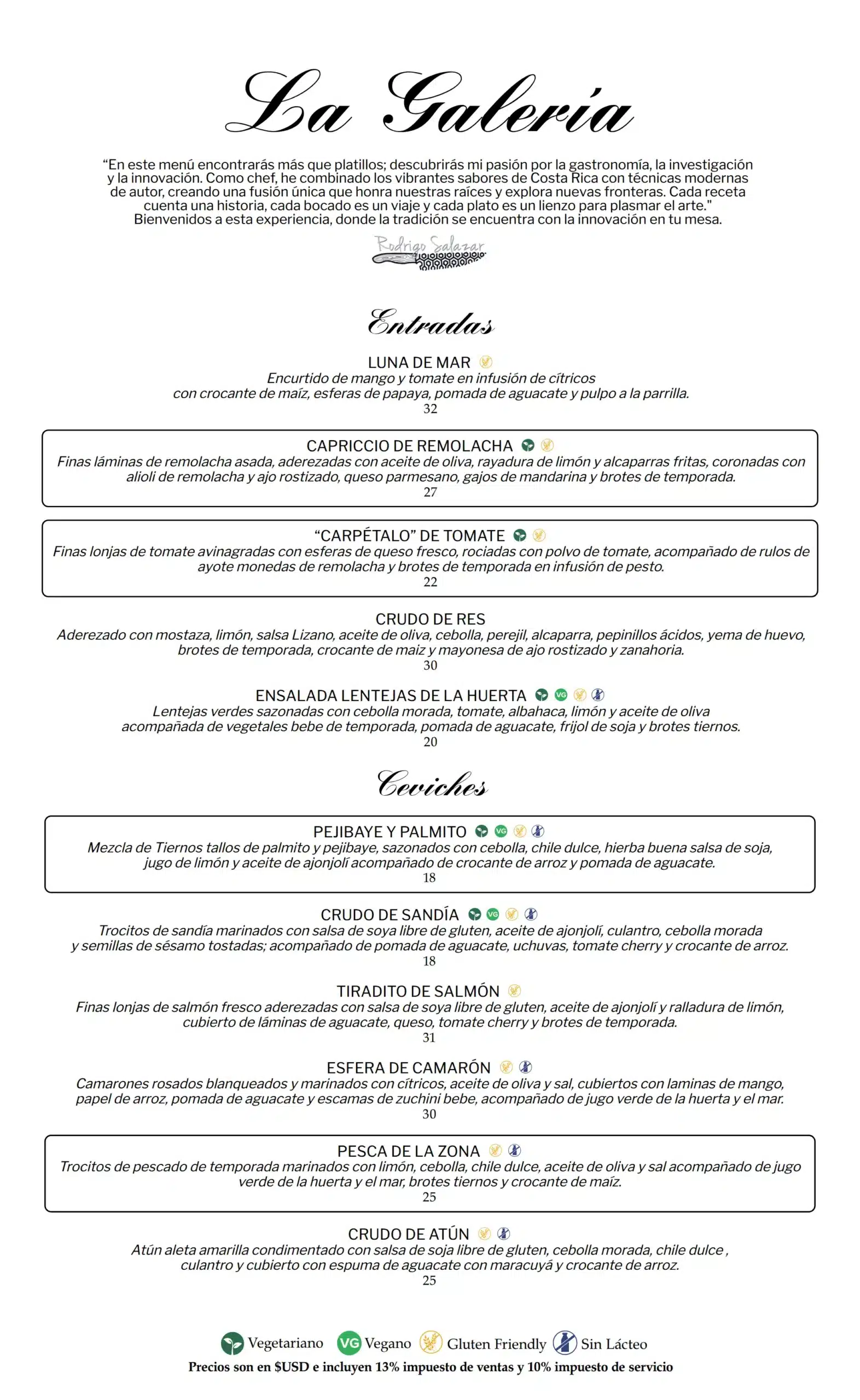La Galería Dinner Menu pg 1