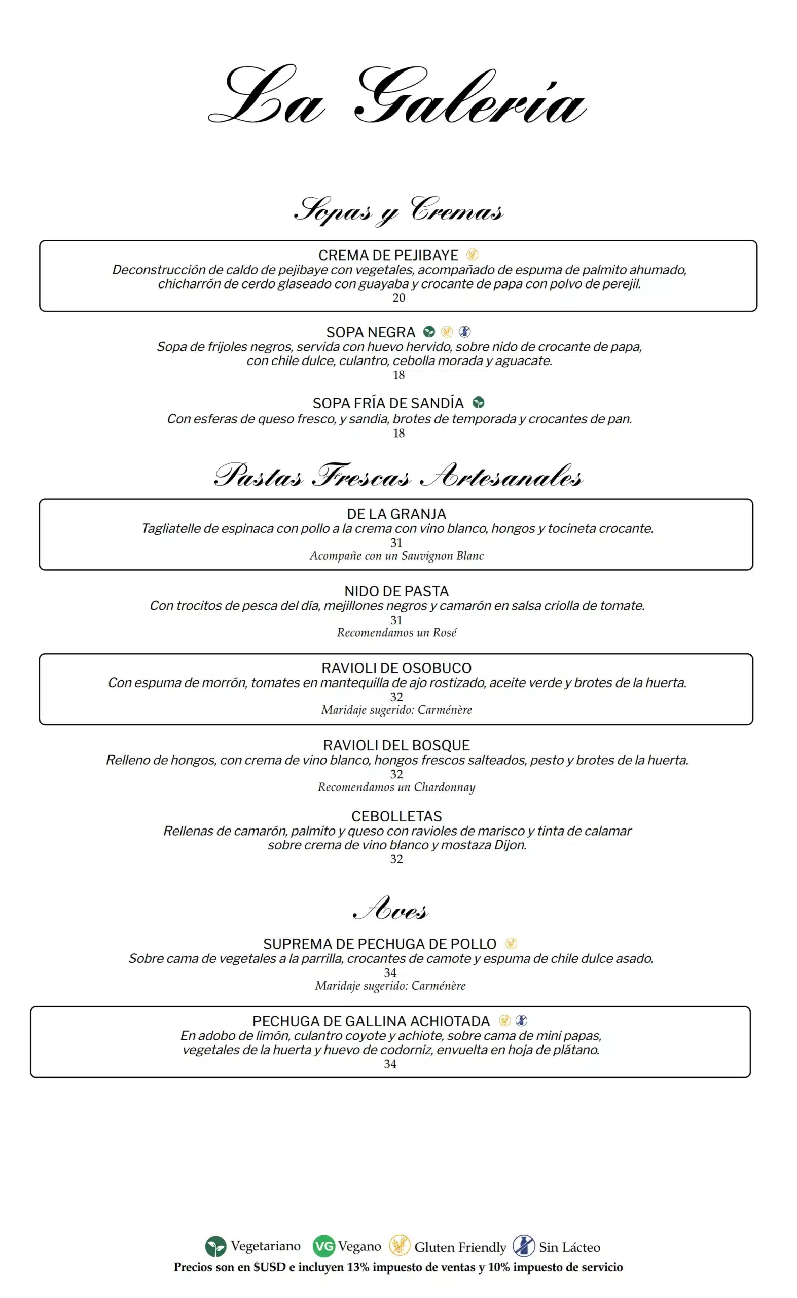 La Galería Dinner Menu pg 2