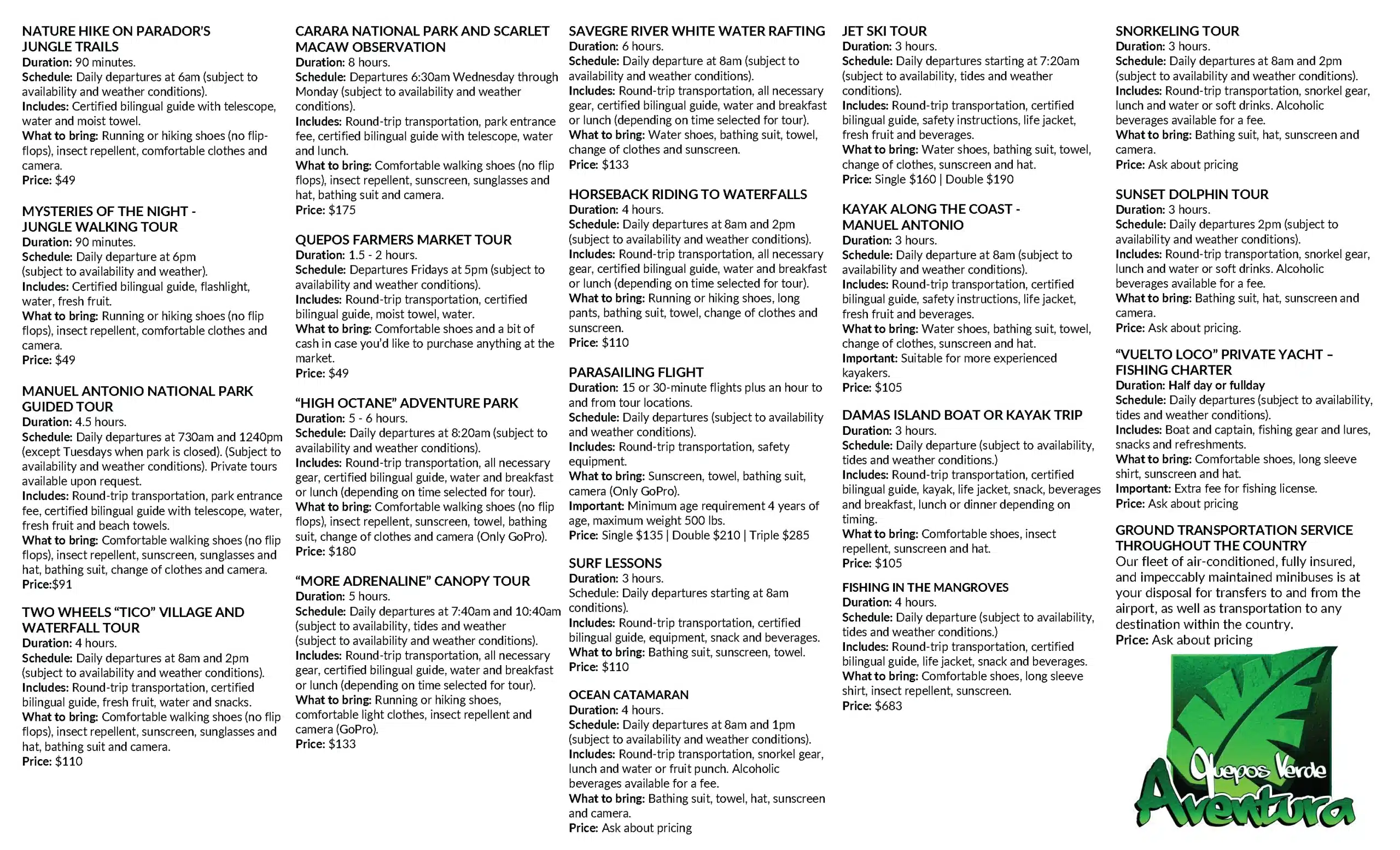 QVA Tour Pricing English